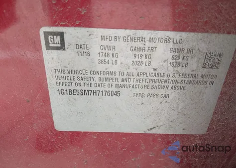 2017 Chevrolet Cruze Lt Auto z USA, uszkodzony, nr VIN 1G1BE5SM7H7176045